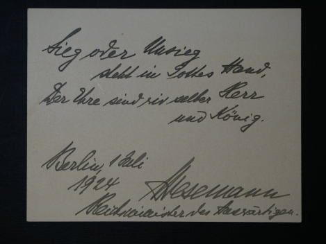 Gustav Ernst Stresemann (1878–1929) – handwritten and signed card from 1924 – Nobel Peace Prize 1926