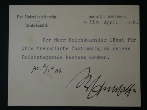 Dankeskarte von 1916 eines Unterstaatssekretär in der Reichskanzlei im Namen von Reichskanzler Theobald von Bethmann Hollweg