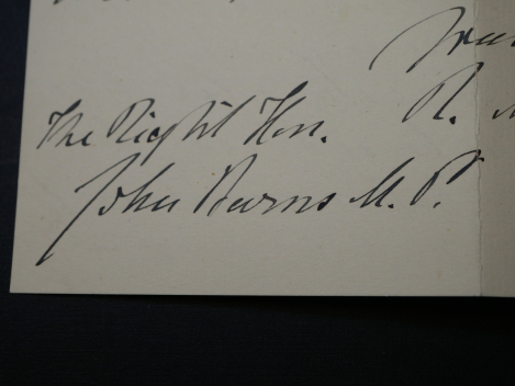 Autograph John Elliot Burns (1858-1943) - Britischer Politiker - Umschlag + Karte mit Unterschrift, Anschreiben an Burns