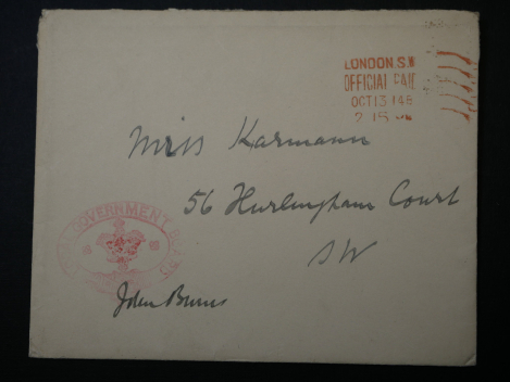 Autograph John Elliot Burns (1858-1943) - Britischer Politiker - Umschlag + Karte mit Unterschrift, Anschreiben an Burns