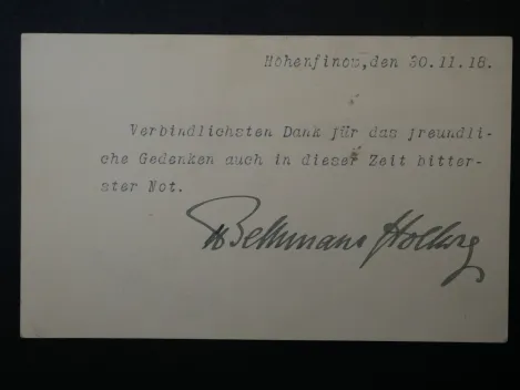 Autograph - Theobald von Bethmann Hollweg (1856 - 1921) - signierte Grußkarte, 1918. Innenminister, Reichskanzler
