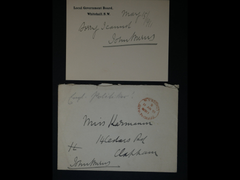 Autograph - John Bruns. Englischer Politiker, Karte mit Umschlag von 1911 an eine Miss Karmann
