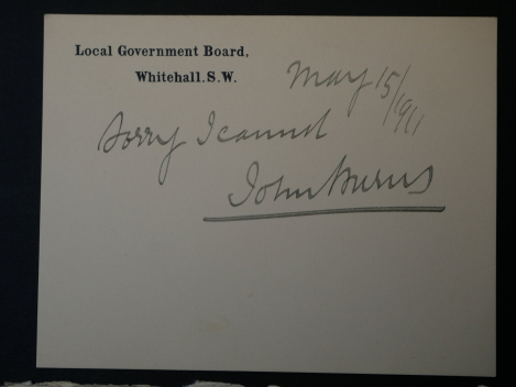 Autograph - John Bruns. Englischer Politiker, Karte mit Umschlag von 1911 an eine Miss Karmann