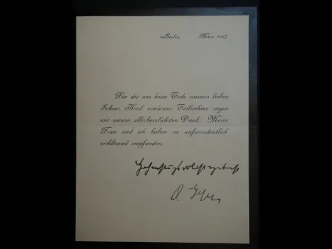 Autograph - Otto Geßler (1875 - 1955) - Danksagungskarte mit eigenhändiger Unterschrift, 1927. Reichswehrminister