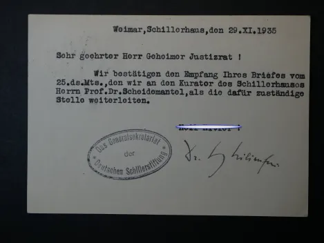 Autograph - Schriftsteller Heinrich Lilienfein (1879 - 1952), eigenhändig signierte Postkarte an einen Geheimen Justizrat, 1935