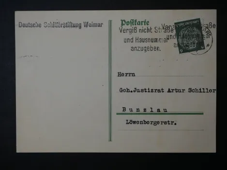 Autograph - Schriftsteller Heinrich Lilienfein (1879 - 1952), eigenhändig signierte Postkarte an einen Geheimen Justizrat, 1935