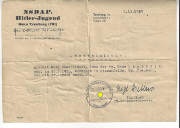 Nachlass eines HJ Jungen, Bann Ost-Berlin, Bann Treuburg 791 von 1943