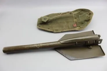 Military folding spade with spike, with belt carrying bag made of sturdy linen, bag stamped