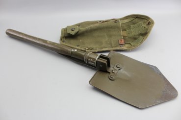 Military folding spade with spike, with belt carrying bag made of sturdy linen, bag stamped