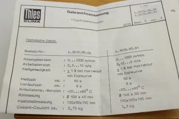 Vane anemometer, anemometer manufacturer Thies Clima with calibration certificate