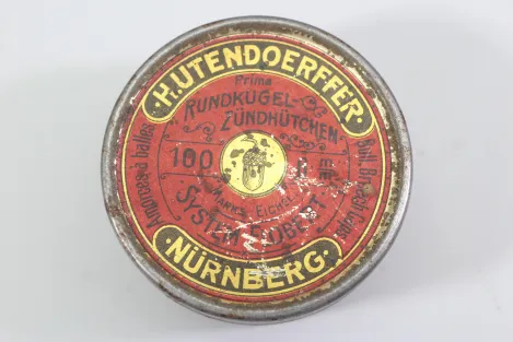 Prima Rundkugel Zündhütchen Dose ohne Inhalt.