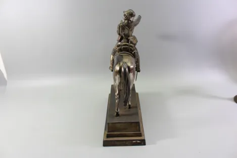 Original sculpture of a mounted German Wehrmacht cavalry soldier with steel helmet and equipment; inscribed "In memory of my service 1924–1938"