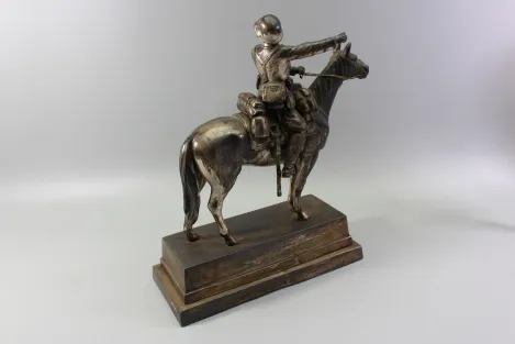 Original sculpture of a mounted German Wehrmacht cavalry soldier with steel helmet and equipment; inscribed "In memory of my service 1924–1938"