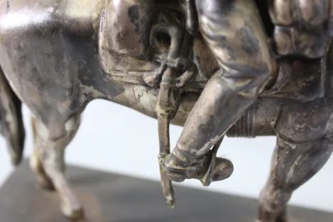 Original sculpture of a mounted German Wehrmacht cavalry soldier with steel helmet and equipment; inscribed "In memory of my service 1924–1938"