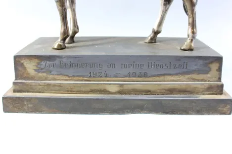 Original sculpture of a mounted German Wehrmacht cavalry soldier with steel helmet and equipment; inscribed "In memory of my service 1924–1938"