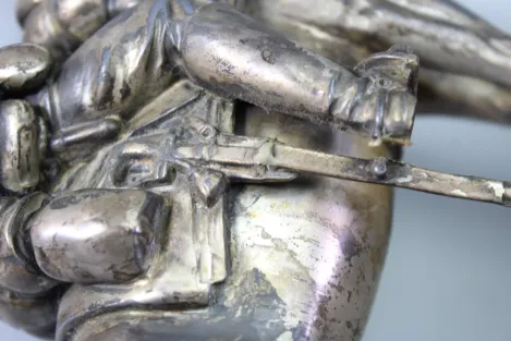 Original sculpture of a mounted German Wehrmacht cavalry soldier with steel helmet and equipment; inscribed "In memory of my service 1924–1938"