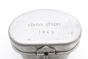 Looted piece of Wehrmacht cookware, foreign, cutlery with stamped wearer name Günter Bücky 1945.