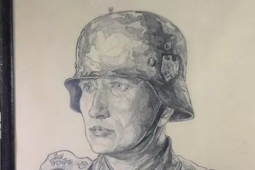 Ww2 etching Rudolf Sievers, portrait picture of a soldier pencil drawing