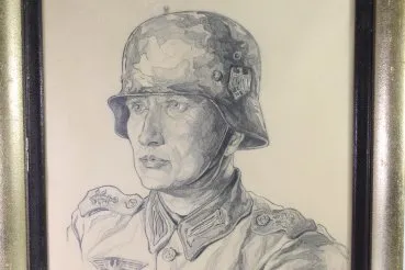 Ww2 etching Rudolf Sievers, portrait picture of a soldier pencil drawing