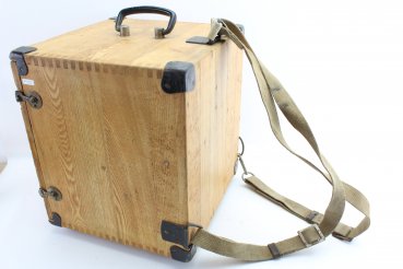 Well-preserved surveying theodolite in a wooden box, this one with carrying strap