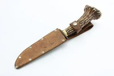 Vintage Trachtenmesser - Hirschfänger mit kapitaler Rehkrone - Jagdmesser mit Lederscheide Made in Germany