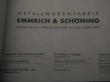 Katalog Metallwarenfabrik Emmerich & Schöning, Berlin 1938 - Wehrmacht Schieß- und Ehrenpreise