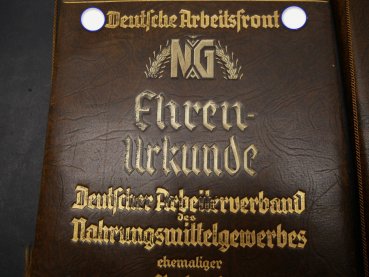 Two certificate folders + one certificate - German Labour Front - Certificate of Honor Association of Food and Beverage Workers