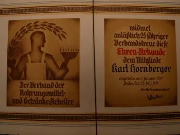 Two certificate folders + one certificate - German Labour Front - Certificate of Honor Association of Food and Beverage Workers