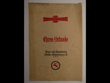 Sehr große Urkunde + Umschlag - Turn- und Sportverein Berlin Schöneberg von 1937