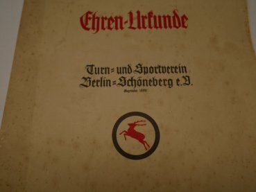 Sehr große Urkunde + Umschlag - Turn- und Sportverein Berlin Schöneberg von 1937