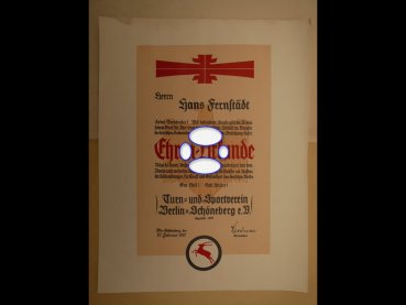 Sehr große Urkunde + Umschlag - Turn- und Sportverein Berlin Schöneberg von 1937