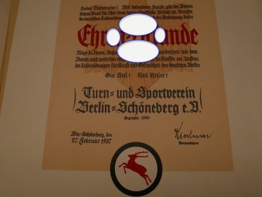 Sehr große Urkunde + Umschlag - Turn- und Sportverein Berlin Schöneberg von 1937