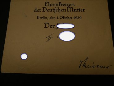 Certificate - Third Level of the Cross of Honour of the German Mother