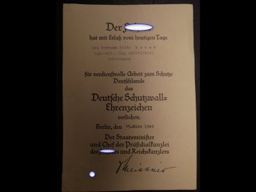 German Protection Wall Medal on ribbon with bag + certificate + cover letter