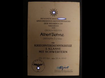 Urkunde zum KVK Kriegsverdienstkreuz 2. Klasse mit Schwertern mit OU Generalmajor