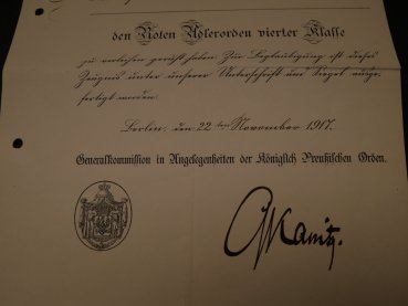 Verleihungsurkunde Roter Adler Orden vierter Klasse 1917