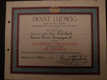 Certificate Hessen 1917 for General Medal for Bravery Reserve Pioneer Company 89