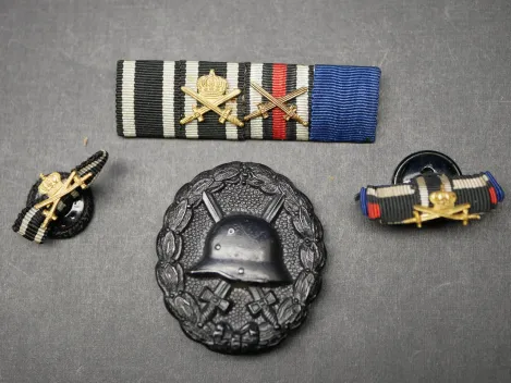 Medal bar 1st + 2nd World War - Iron Cross 2nd Class 1914 + Royal House Order of Hohenzollern, Knight's Cross with Swords + War Participant's Cross + 25 Faithful Services +++