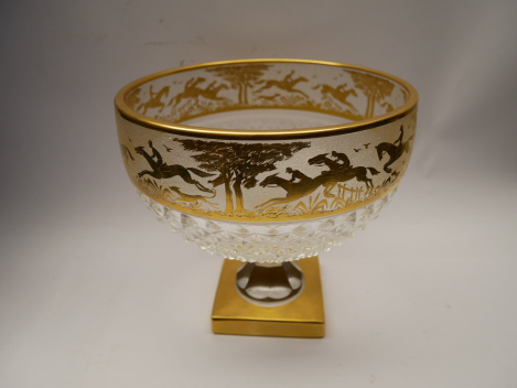 Erich Honecker Estate. Large Footed Bowl with Fox Hunting Motif. Gold Overlay, Josephinenhütte