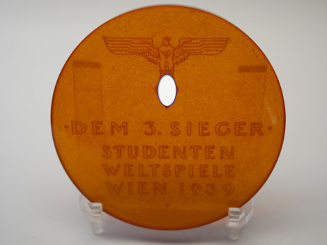 Bernstein Plakette / Medaille - "Dem 3. Sieger" Studenten Weltspiele Wien 1939 im Etui