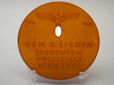 Bernstein Plakette / Medaille - "Dem 3. Sieger" Studenten Weltspiele Wien 1939 im Etui