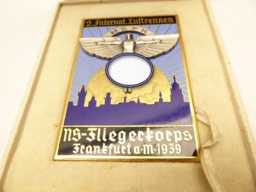 Plakette NSFK "2. Internat. Luftrennen NS - Fliegerkorps Frankfurt a.M. 1939" im Etui mit Urkunde