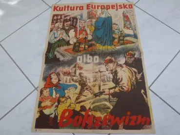 Polnisches Anti-Bolschewismus-Propagandaplakat des Dritten Reiches. Das Plakat zeigt eine Anti-Bolschewismus-Szene