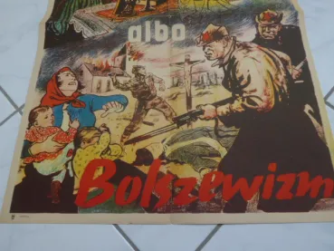 Polnisches Anti-Bolschewismus-Propagandaplakat des Dritten Reiches. Das Plakat zeigt eine Anti-Bolschewismus-Szene