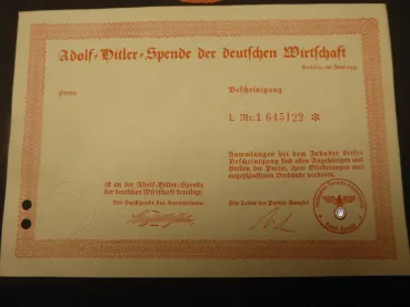 Adolf Hitler Spende der deutschen Wirtschaft 1941 + Türplakette Sammelverbot 1941, nummerngleich