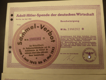 3x Adolf Hitler donation from the German economy 1942 + 3x door badge collection ban 1942, matching numbers