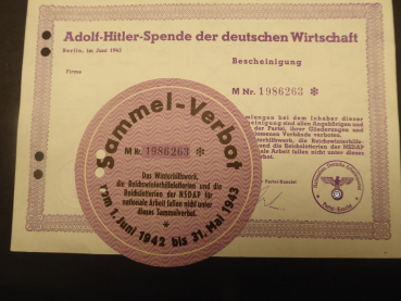 3x Adolf Hitler Spende der deutschen Wirtschaft 1942 + 3x Türplakette Sammelverbot 1942, nummerngleich