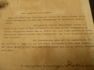 Historisch seltener Brief - Der Sohn von Hindenburg dankt Eckener zur Namen des Luftschiffs Hindenburg, 1936