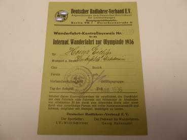 Lot Deutscher Radfahrer-Verband - Olympiade Berlin 1936 - Medaille Rad Stern Fahrt + Aufsteller + Ausweis + Papiere