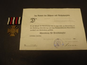 Orden - Kriegsteilnehmerkreuz 1914/18 mit Urkunde